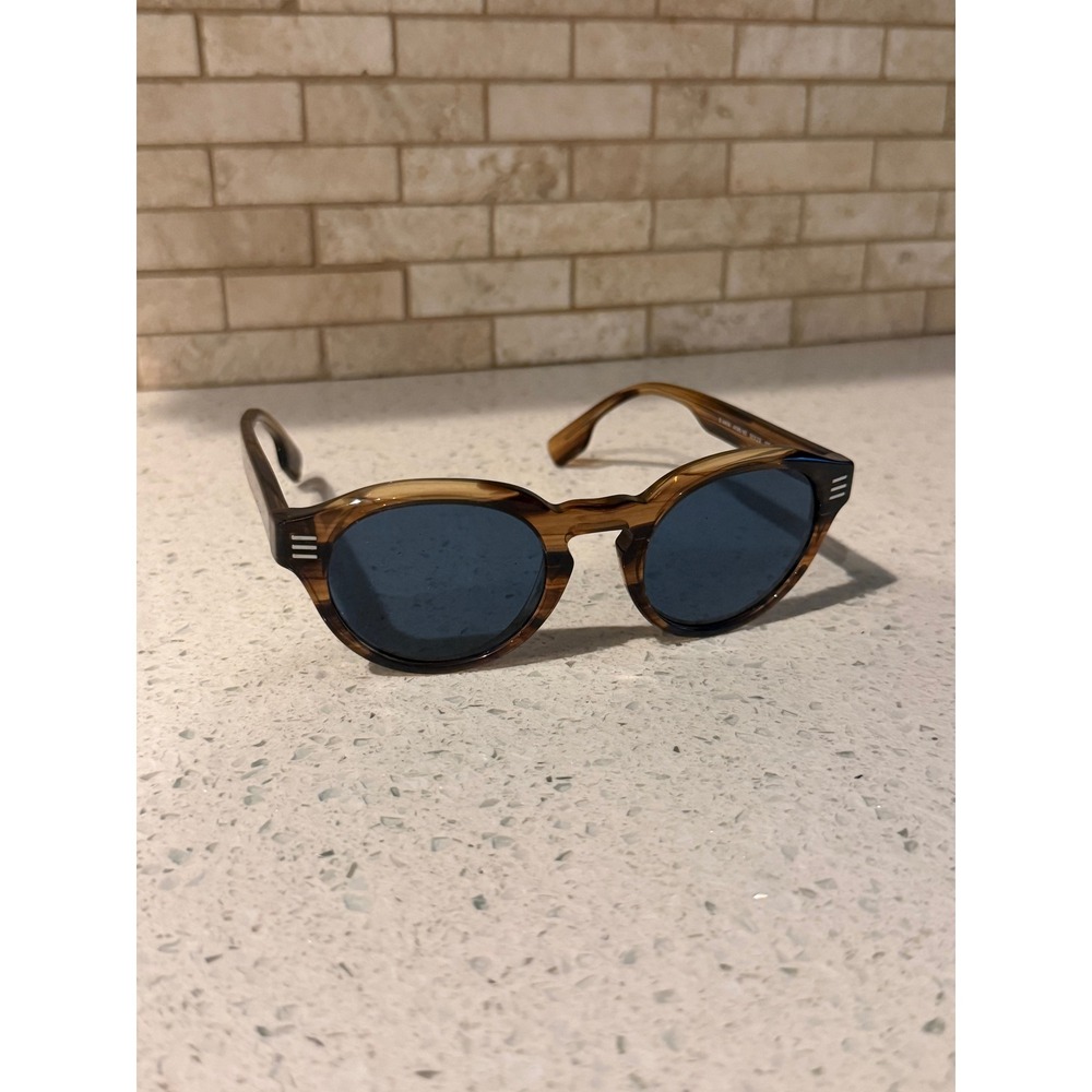 Burberry BE 4404 Sunglasses Striped Horn Tortoise Round Blue Lens 50mm 4096/80